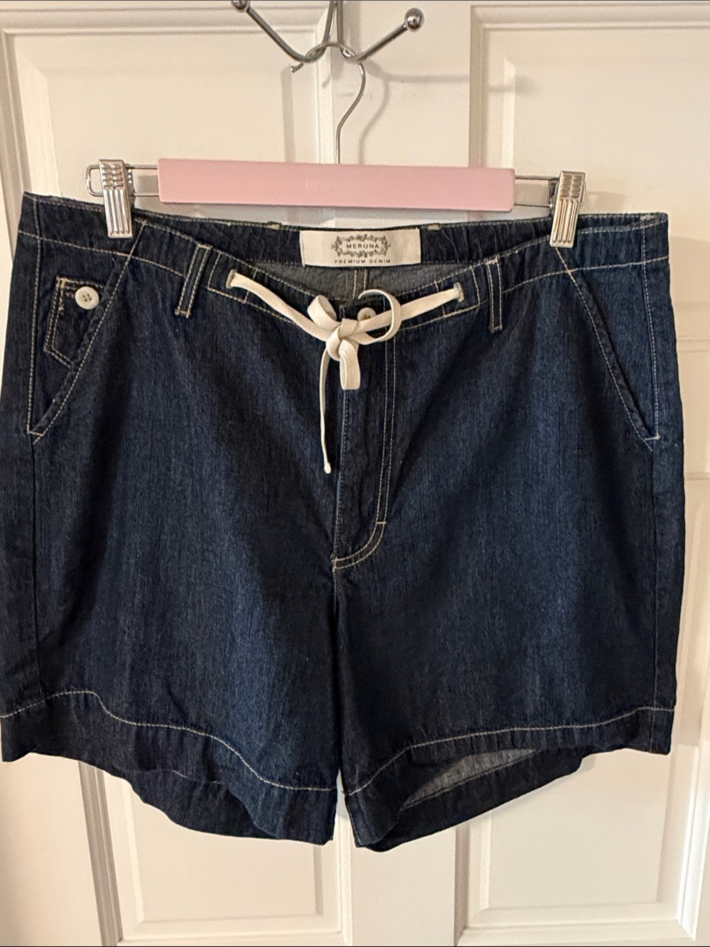 Merona Premium Design Denim Drawstring Shorts Blue Jean Utility Pockets Size 14